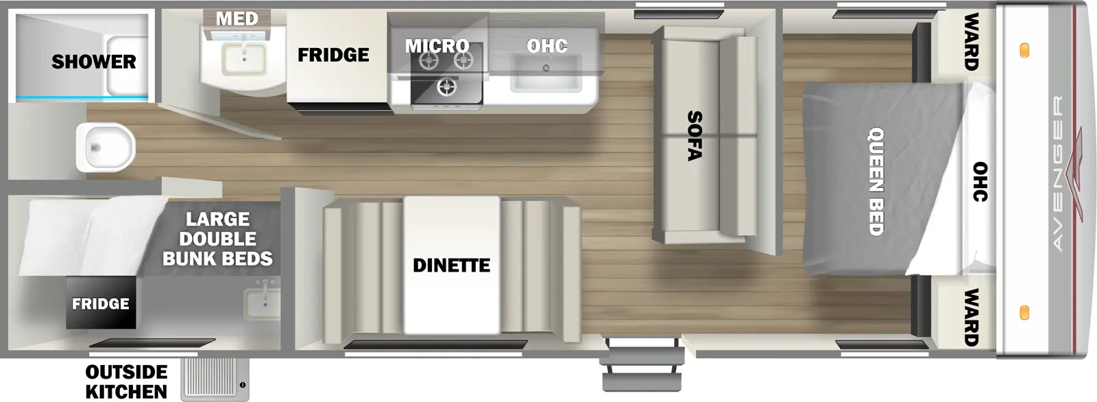The 26BK has zero slideout and one entry. Exterior features an outside kitchen. Interior layout front to back: foot facing queen bed with overhead cabinet and wardrobes on each side; sofa along inner wall; off-door side kitchen counter with sink, overhead cabinet, microwave, cooktop, and refrigerator; door side entry and dinette; rear off-door side sink with medicine cabinet outside bathroom with shower and toilet only; rear door side large double bunk beds.